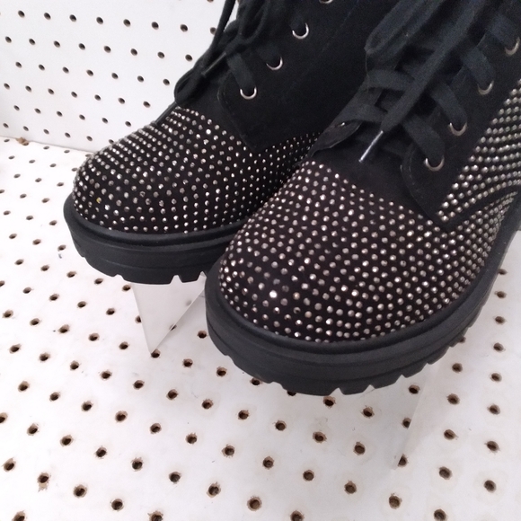 Women's Gold Rhinestone Chunky Platform Ankle Boots Lace Up Zip Up Black Gold - Picture 7 of 9